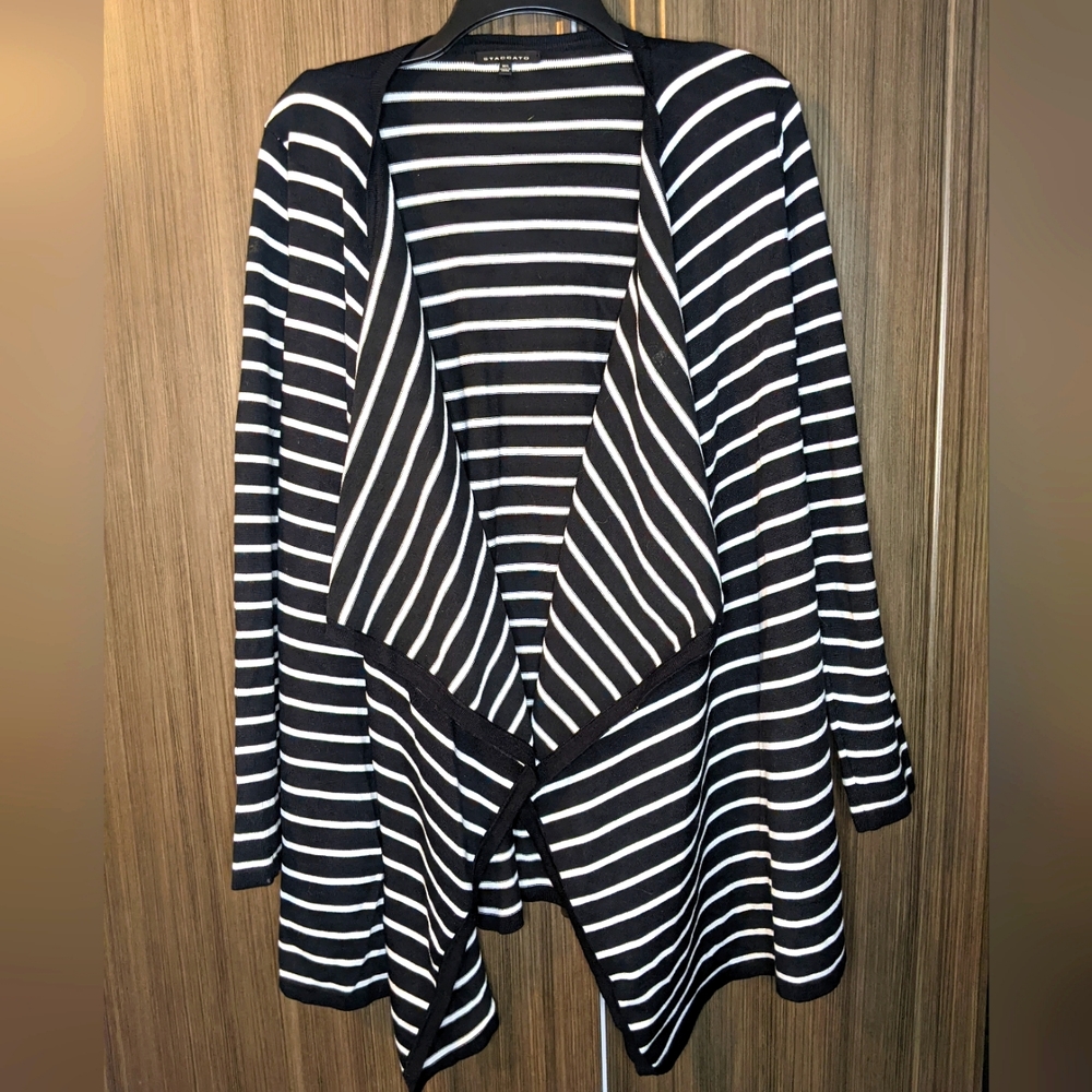 Staccato Black & White Striped Drape Cardigan Sweater, M/L